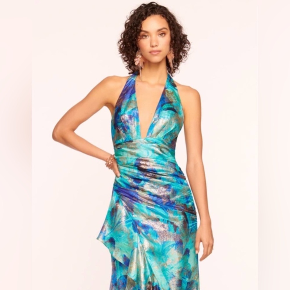 NWT $645 RAMY BROOK Hughes V-neck Midi Dress In Blue Floral